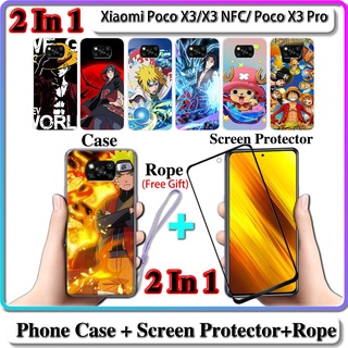 2 IN 1 เคส Xiaomi Poco X3 X3 NFC Poco X3 Pro เคส พร้อมกระจกนิรภัยโค้ง ป้องกันหน้าจอเซรามิค นารูโตะ และวันพีช