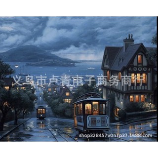 (สีหลอด) DIY Paint by numbers ภาพระบายสีตามตัวเลข Night San Francisco ไม่มีเฟรม