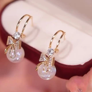 ต่างหูเงิน เกรด 925 ประดับโบว์ และไข่มุก