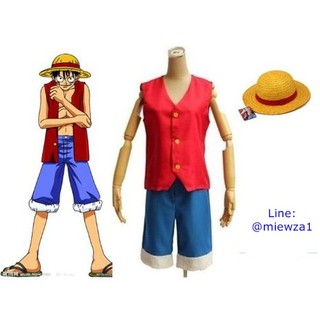 cp215 ชุดคอสเพลย์ลูฟี่ผู้ใหญ่ one piece เสื้อแขนกุด กางเกงสียีนส์ พร้อมหมวกฟางเข้าชุด cp215.1cp