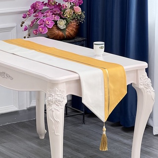 32*210cm Table Runner Simple Luxury Nordic Style Straight Line Two Color Combination Half White Table Cloth Dining Table Bed Cabinet Piano Decoration for Bedroom Living Room Home Hotel Restaurant Cafe