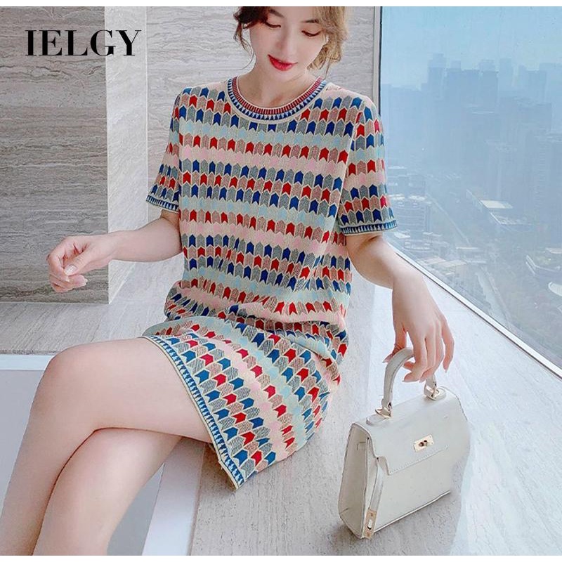 IELGY ชุดเดรสแขนสั้นลายดอกไม้ขนาดใหญ่ผู้หญิงสไตล์ฝรั่งเศสหวานและสด