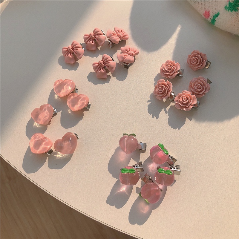 กิ๊บติดผม รูปหัวใจ ดอกคามิเลีย ประดับลูกไม้ สีโปร่งใส สีชมพูหวาน เครื่องประดับ สําหรับผู้หญิง จํานวน 5 ชุด