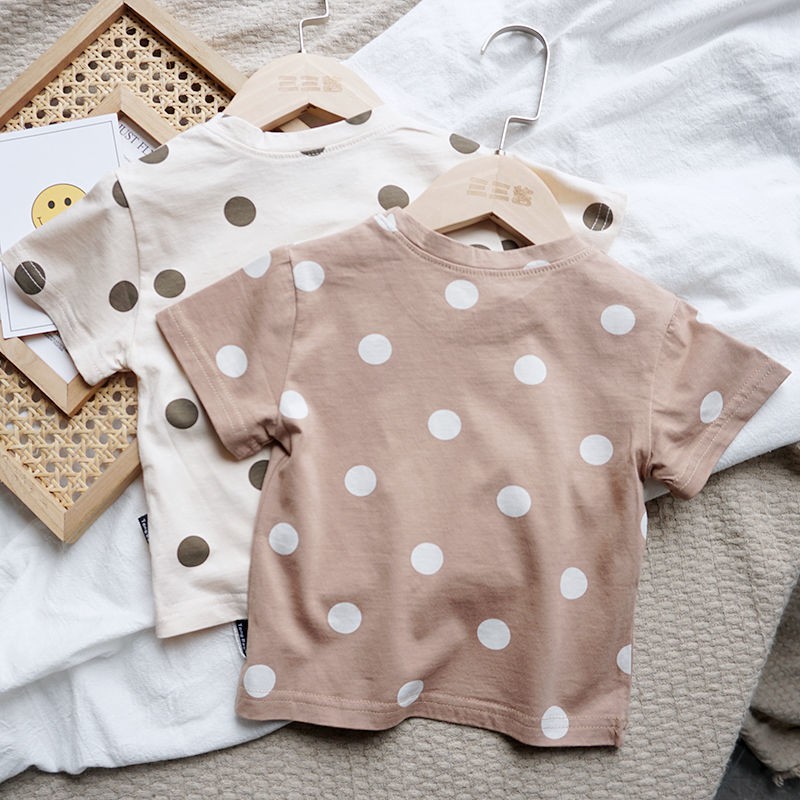 เวลาย้อนยุค!เสื้อยืดแขนสั้นเด็กชายแฟชั่นฤดูร้อน Polka Dot เวอร์ชั่นเกาหลีผ้าฝ้ายแท้สาวหลวมด้านบน Tren♕ วัยเด็ก ♕