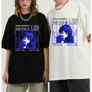 การทดลองอนุกรม Lain เสื้อยืดขนาดใหญ่ผู้ชายเสื้อยืดผ้าฝ้าย Glitch Iwakura มังงะ Weeb สาว Sci Fi  {rQ