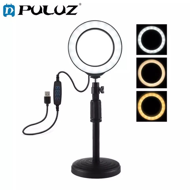 PULUZ 3 Modes Dimmable LED Ring Vlog Video Photography Lights+Desktop Tripod Holder+Cold Shoe Tripod