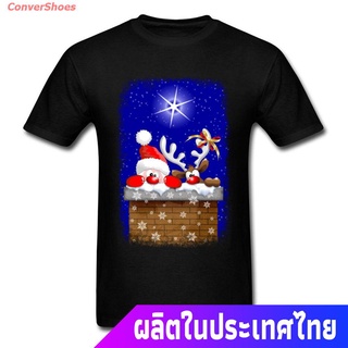 ConverShoes เสื้อยืดยอดนิยม Cotton T Shirt Christmas Night T-shirt Men Cartoon Print Tshirt Santa Claus And Reindeer 3D