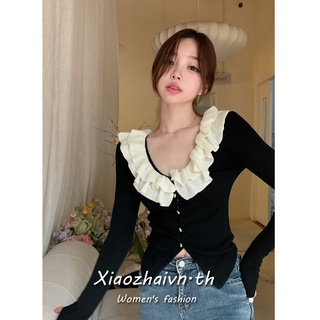 Xiaozhainv เสื้อกันหนาวแขนยาว ผ้าถัก คอใบบัว เข้ารูป สีพื้น สําหรับผู้หญิง เสื้อยืดแขนยาว คาร์ดิแกนแขนยาว