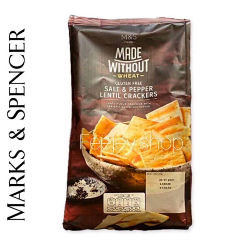 m&amp;s made without wheat gluten free 🍪 salt &amp; pepper lentil crackers 150g ขนมปังกรอบผสมเกลือและพริกไทย.