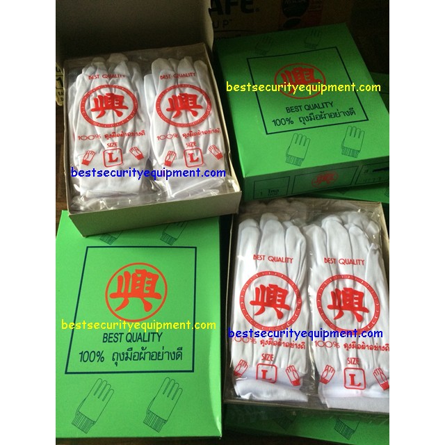 ถุงมือจราจรสีขาว แบบยางรัดข้อ โหลละ 225 บาท ทำจากเนื้อไนล่อนผสมโพลีเอสเตอร์ ทำให้ยืดหยุ่น กระชับมือ ไม่ติดฝุ่น