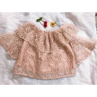 เสื้อครอป  ปาดไหล่ ชมพูกะปิ