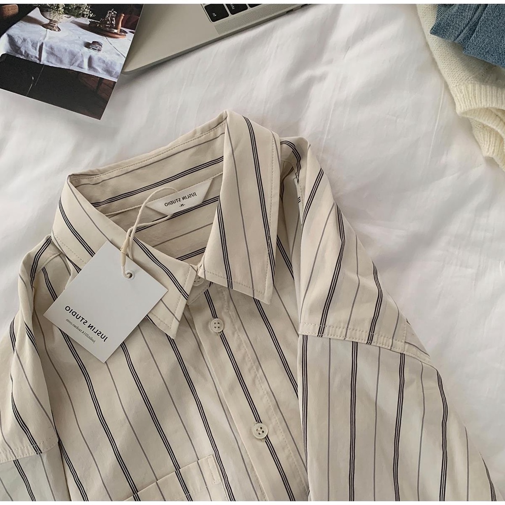 เสื้อเชิ้ตแขนยาว ทรงหลวม ลายทาง แฟชั่นฤดูใบไม้ผลิ และฤดูใบไม้ร่วง สไตล์ฮ่องกง สําหรับผู้หญิง 2022