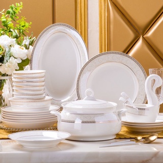  Tableware ชุดจานชามเซรามิค เนื้อโบนไชน่า ชุดจานชาม จานชามเซรามิค แต่งขอบลายลูกไม้โรสโกลด์ออกม่วงอ่อนๆ สไตล์ยุโรป 58/ชุด