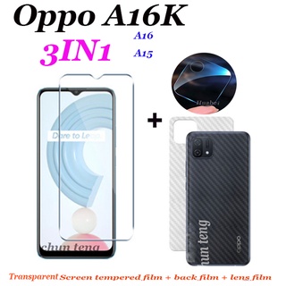 [3in1] สำหรับ Infinix OPPO A16K A16 A15S A15 A31 2020 A5 2020 หน้าจอไร้ขอบโปร่งใสฟิล์มกระจกนิรภัย + ฟิล์มเลนส์กล้อง + ฟิล์มคาร์บอนไฟเบอร์ด้านหลัง