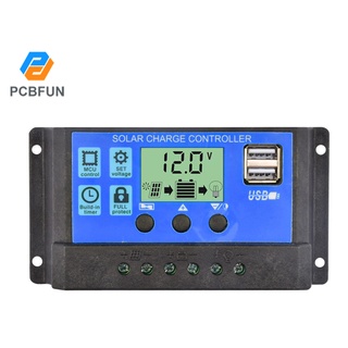 Pcbfun แผงควบคุมการเก็บประจุแบตเตอรี่ พลังงานแสงอาทิตย์ 10A 20A 30A จอ LCD USB คู่ 12V 24V