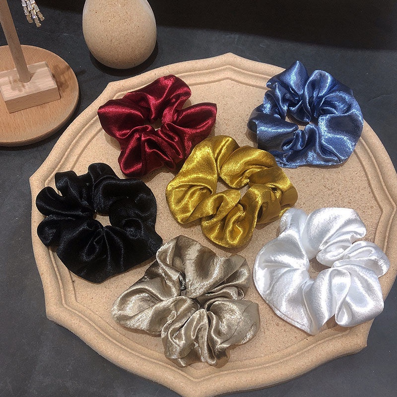 French Vintage สีทึบผ้า Scrunchies เชือกผูกผมเรียบง่าย