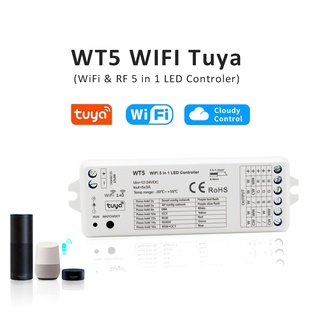 Tuya RGBCCT รีโมตควบคุม LED 12V 24V DC 2.4G RF ไร้สาย RGBWW RGB CCT ไดรเวอร์ WIFI หรี่แสงได้ รองรับ Alexa Echo WT5