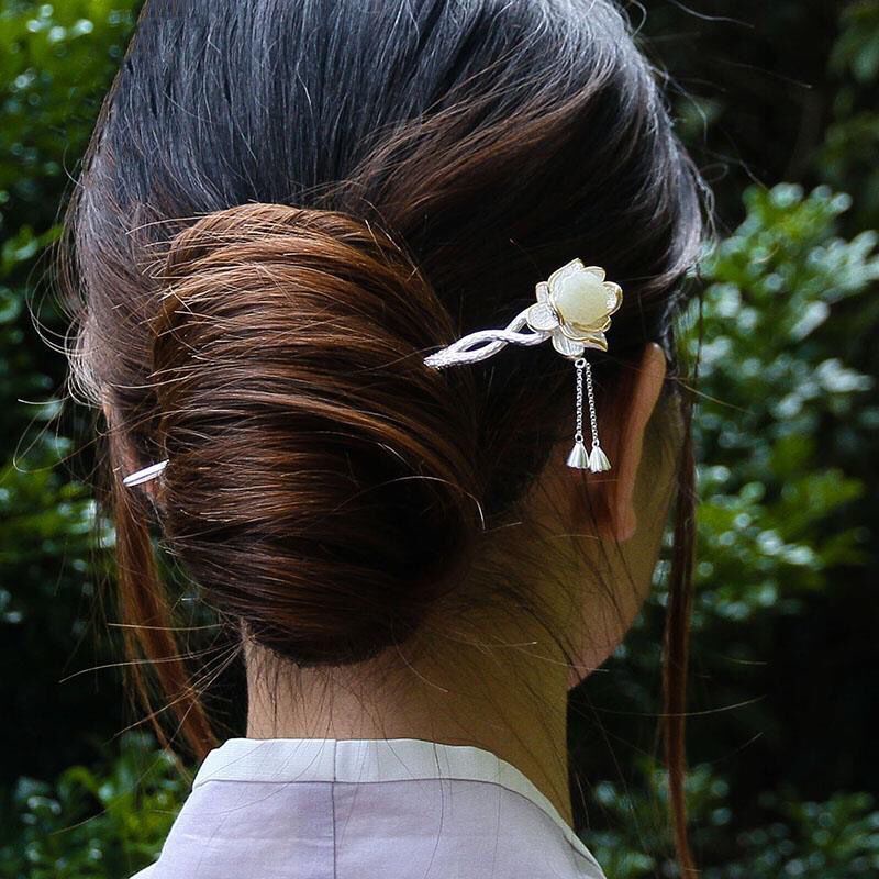 Miyan ธรรมชาติ Hetian หยก Lotus s925 เงินสเตอร์ลิง Coil Hairpin หญิงโบราณ Headdress ไหล Hairpin ขั้นตอนสั่น Hanfu Hairpin