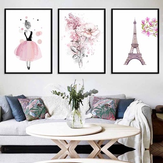 ภาพวาดผ้าใบ รูปหอคอยปารีส ดอกไม้ สีชมพู สไตล์โมเดิร์น สําหรับตกแต่งบ้าน