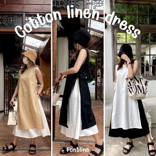 (สินค้าพร้อมส่ง) เดรสแขนกุดผูกเชือกด้านข้าง เดรสผ้าฝ้ายลินิน ทรงเกาหลี minimal dress (V03,V03P)