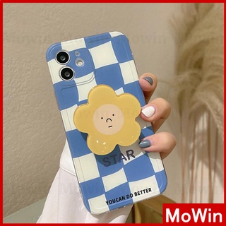 Mowin - เคสไอโฟน เคส iPhone ซิลิโคนอ่อนนุ่มเคสเหลี่ยมขอบ Popsocket Grip ขาตั้งแบบพับได้ดอกไม้ดอกทานตะวัน ขาตั้งถุงลมนิรภัย การป้องกันกล้องแบบเต็มรูปแบบ กันกระแทก Blue Checkerboard สไตล์น่ารักสำหรับ iPhone 13 Pro Max iPhone 12 Pro Max iPhone 11 7 Plus XR