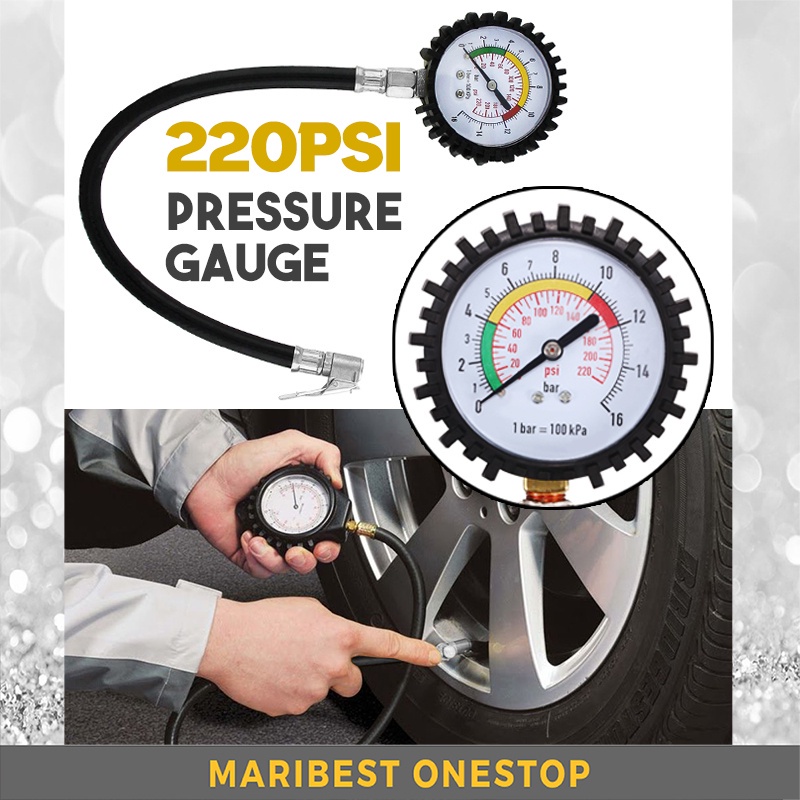 220 PSI / 16 บาร์ความดัน GAUGE ยกเลิกความดัน GAUGE พร้อมท่อยืดหยุ่นสําหรับระบบตรวจสอบความดัน TYRE