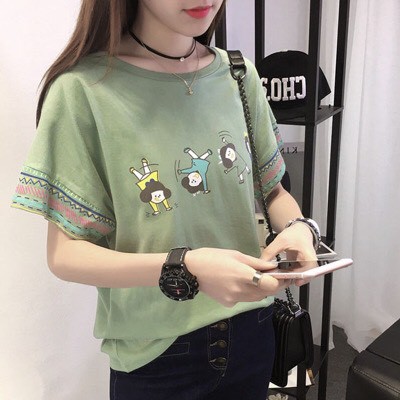 NEW รุ่น-109เสื้อยืดแฟชั่นคอกลมผู้หญิง แขนสั้น ผ้าเนื้อดี ลายเด็กหญิง แต่งแขนสวยเก๋ ใส่สบาย สไตล์เกาหลี