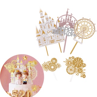 Gold Castle Ferris Wheel Wedding Cake Topper Paper Happy Birthday Cream Cake Insert Flag Birthday Dessert Decoration