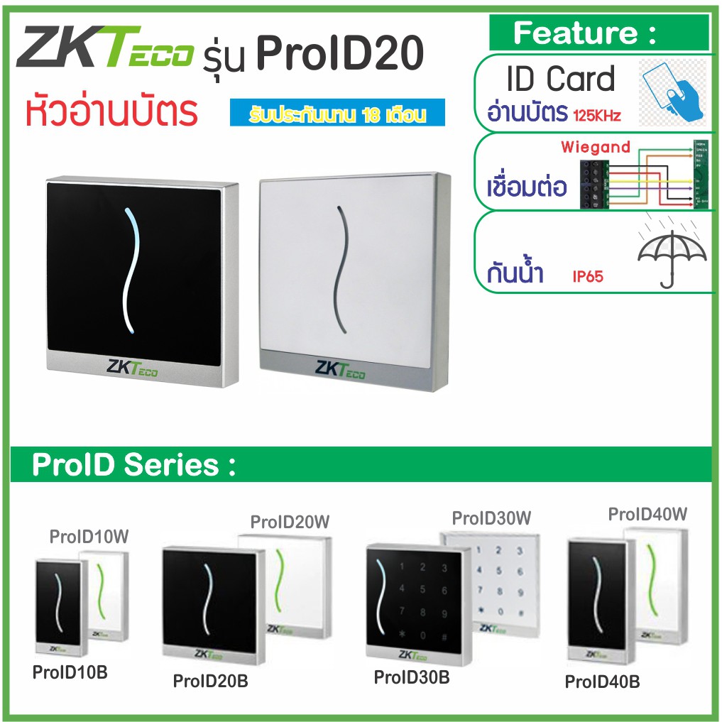 ZKTeco ProID20 หัวอ่านบัตร RFID 125KHz คีย์การ์ด ID Card กันน้ำ เชื่อมต่อแบบ Wiegand