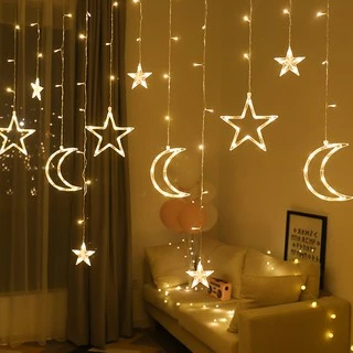 Star&Moon ไฟแต่งห้อง ไฟม่านดาว+พระจันทร์ ไฟประดับ กว้าง 3.5เมตร（3Moon,6Star）