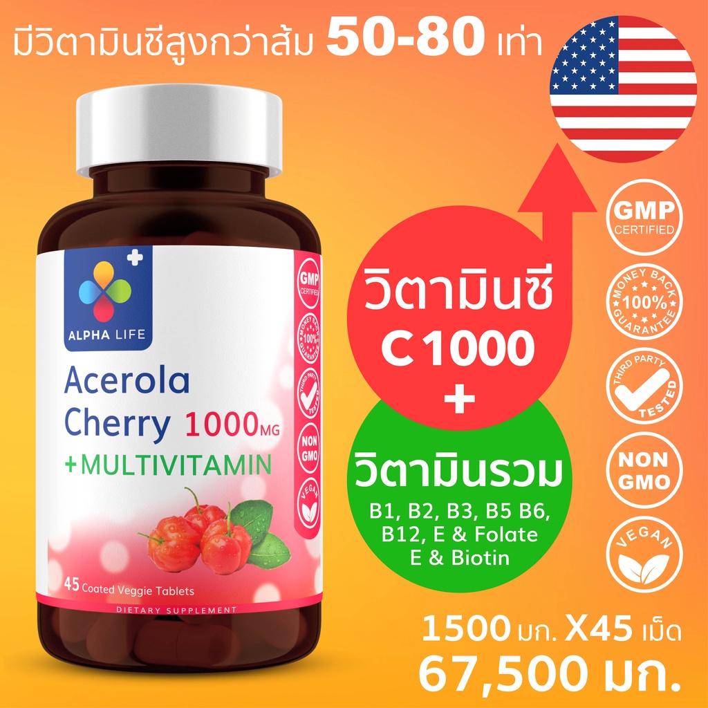 ❃วิตามินซี 1000 mg อะเซโรล่าเชอร์รี่ + วิตามินรวม บำรุง สร้างภูมิคุ้มกัน Acerola Cherry Vitamin C 1000mg + Multivitamin❁