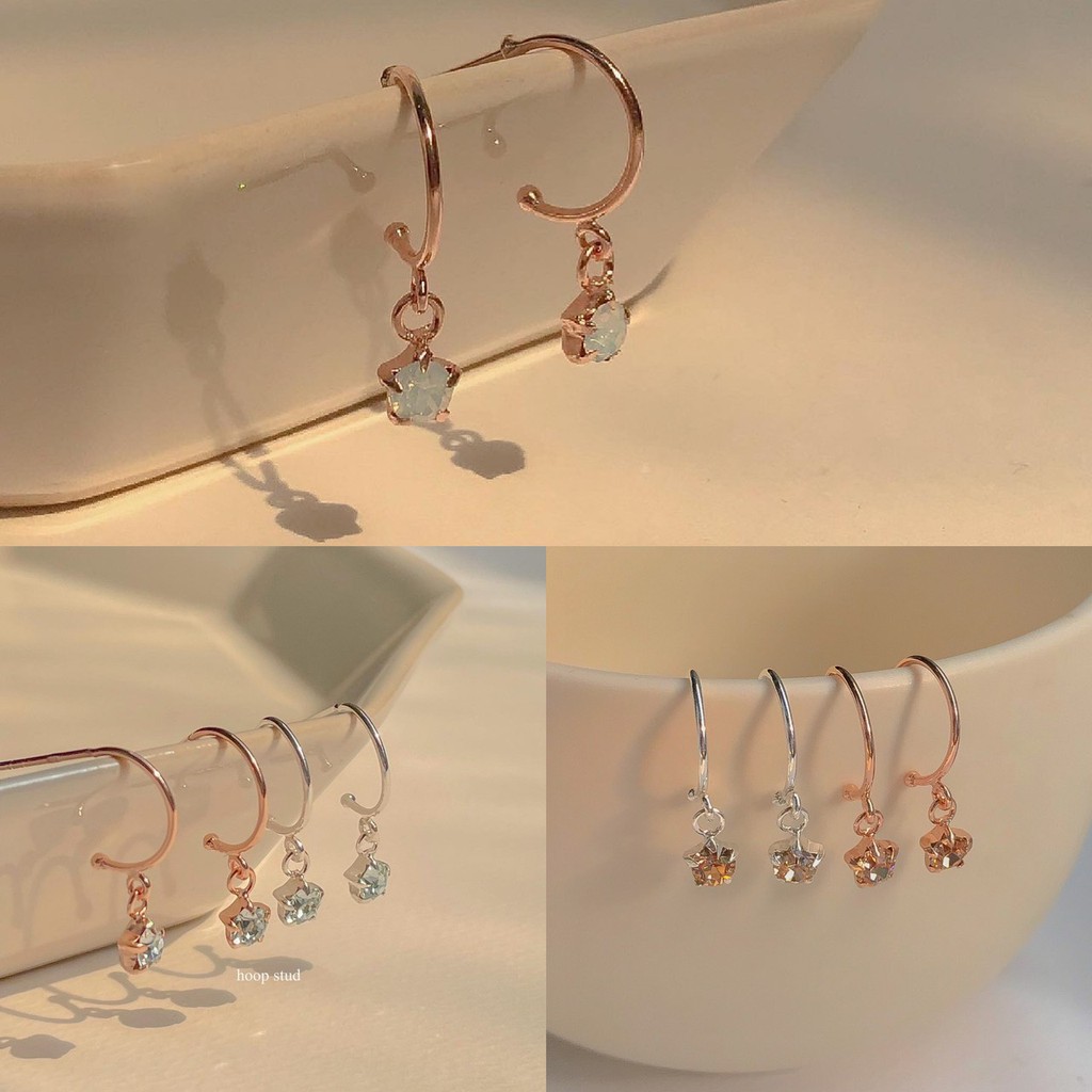 SissyJewelry // ต่างหูเงินแท้ รุ่น Gem drop hoop stud ประดับ พลอยกลม 4mm (rosegold-plated)