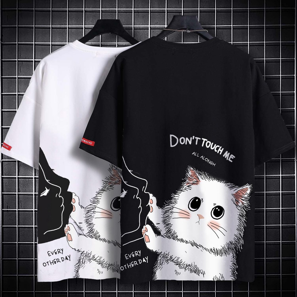 เสื้อยืดคอกลม แขนสั้น ลายแมว สไตล์เกาหลี สําหรับทุกเพศ เหมาะกับฤดูร้อน ไซซ์ ส-5เอ็กแอล มี 2 สี