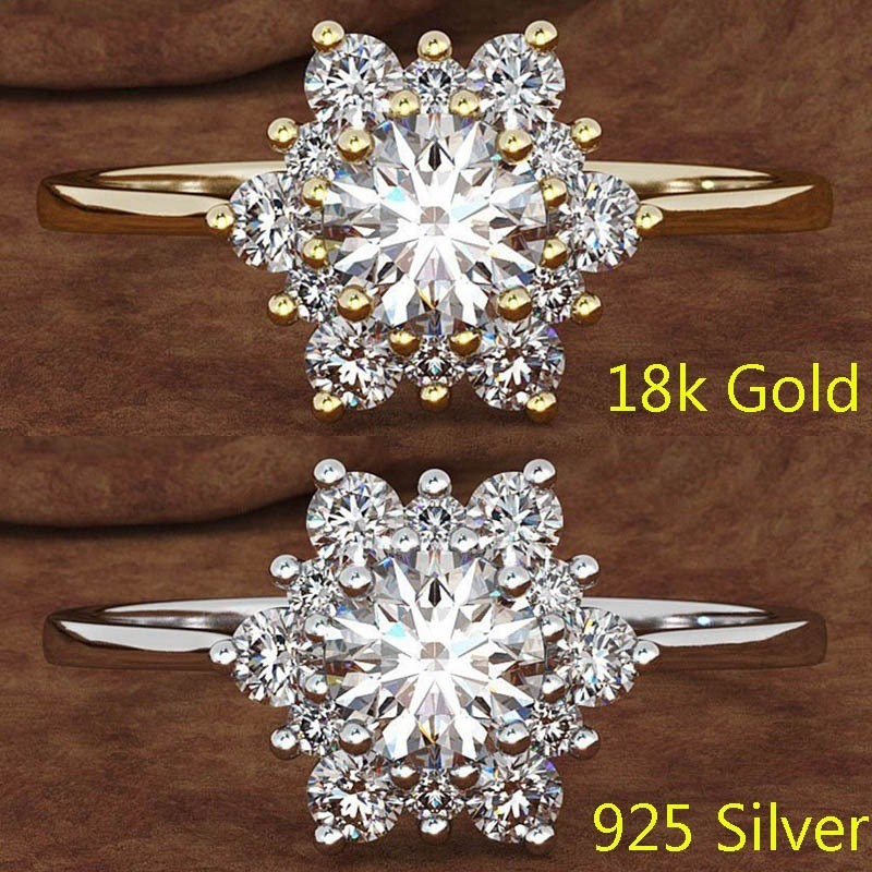 แหวนแต่งงานผู้หญิงหมั้นแหวนเพชรเกล็ดหิมะโบราณชุบทอง 18 k 925