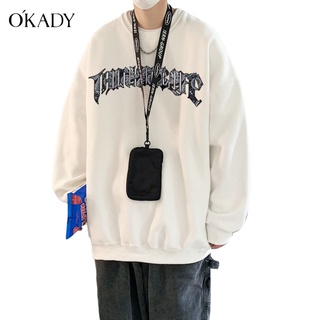 OKADY แฟชั่น ins สไตล์เกาหลีรุ่นเสื้อกันหนาวหลวมคู่ hoodless รอบคอเสื้อกันหนาวฤดูใบไม้ร่วงและฤดูหนาวใหม่เสื้อกันหนาวสบายๆ