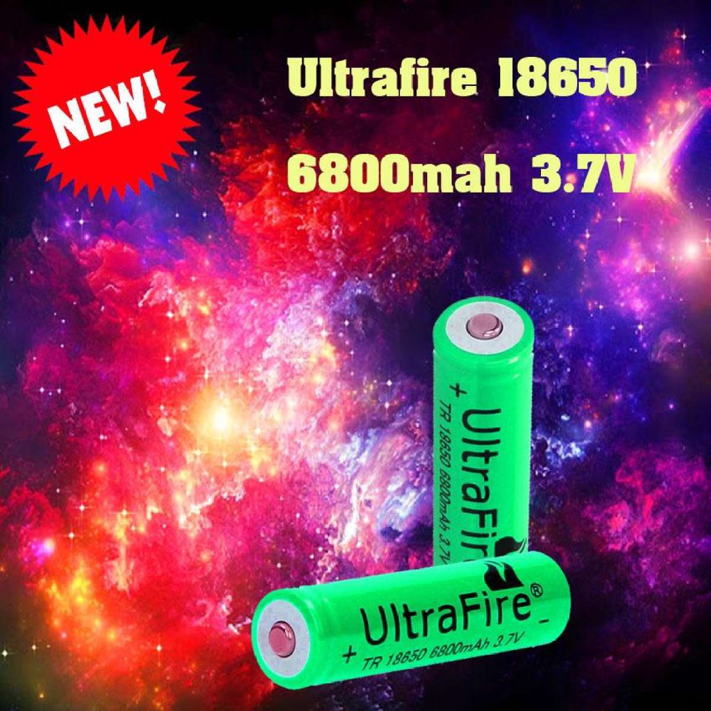 ถ่านชาร์จ Ultrafire 18650 3.7V 6800mAh.(สีเขียว) 2 ก้อน แถมฟรี แท่นชาร์จถ่าน สำหรับถ่าน 2 ก้อน ครอบจักรวาล 100-240V