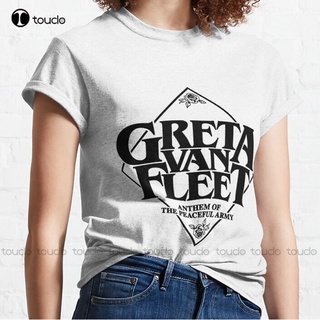 ใหม่ เสื้อยืดลําลอง ผ้าฝ้าย แขนสั้น พิมพ์ลาย Greta Van Fleet สไตล์คลาสสิค แฟชั่นสําหรับเด็กผู้หญิงสามารถปรับแต่งได้