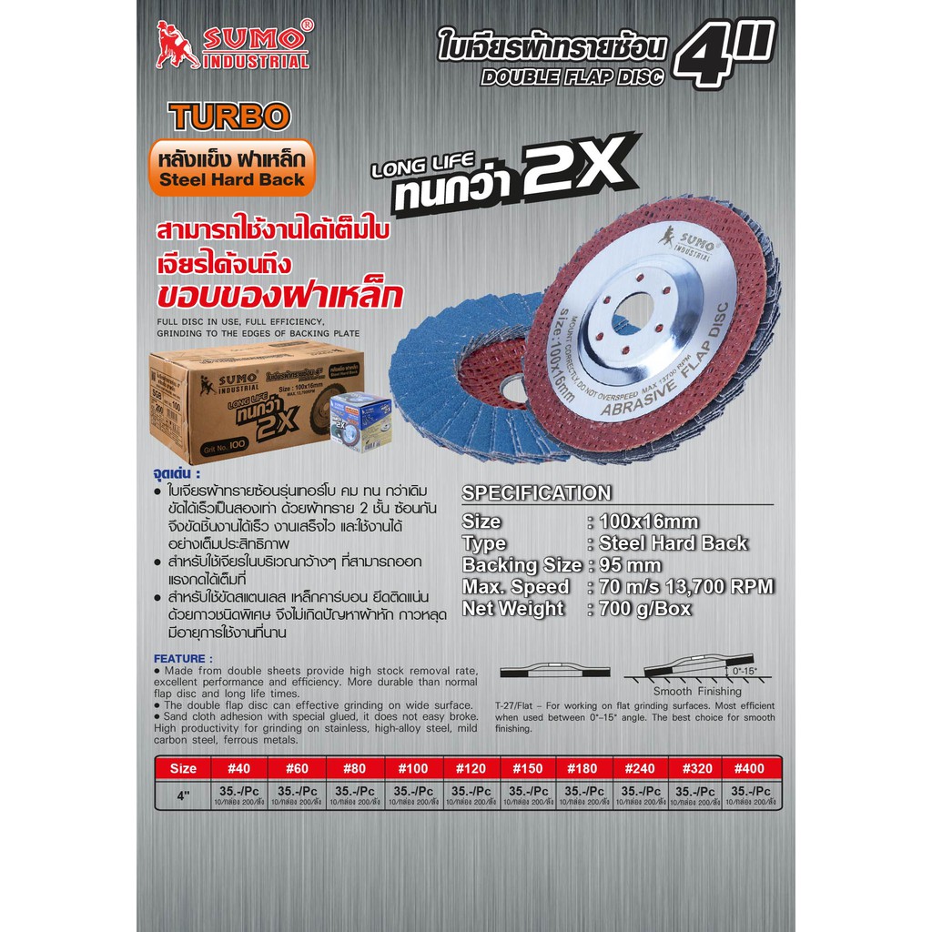 ใบเจียรผ้าทรายซ้อน 4 นิ้ว sumo turbo ****หล้งแข็ง ฝาเหล็ก****  กระดาษทรายซ้อน ฝาเหล็ก
