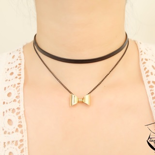 Choker สายหยักสีดำจี้โบว์ทอง + หนังดำ