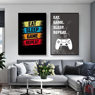 Eat Sleep เกมเล่นเกมซ้ำ Wall Art โปสเตอร์ Gamer ผ้าใบพิมพ์โปสเตอร์สำหรับ Boys Room ภาพตกแต่ง Unframed