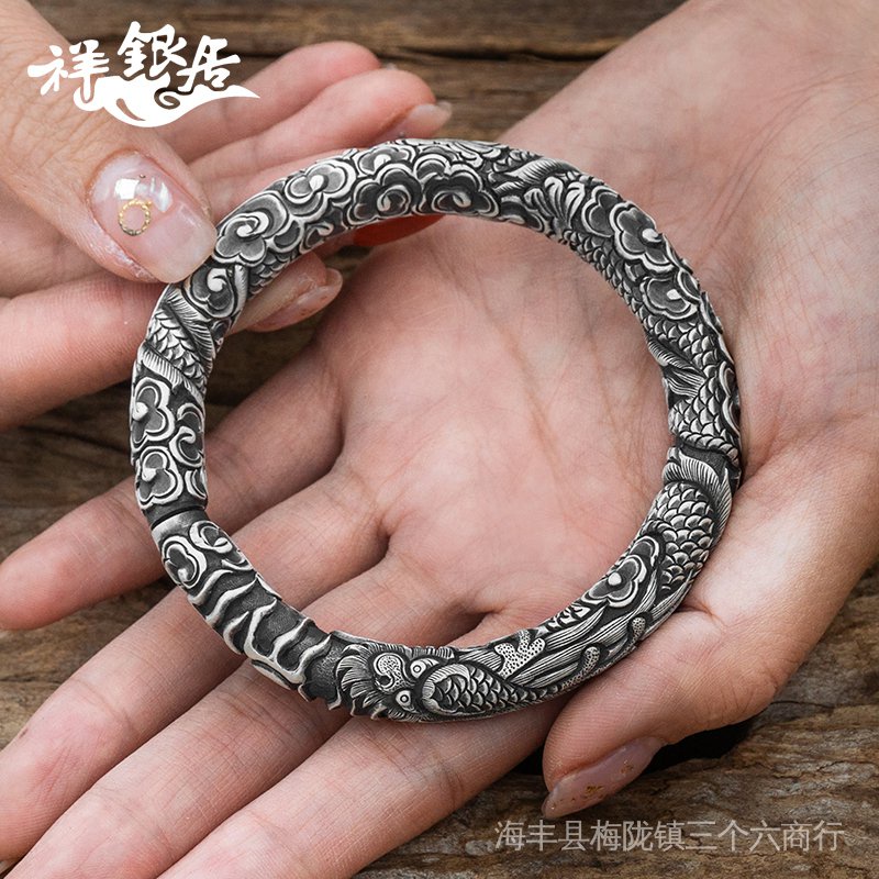 Yunnnan Handmade Snowflake Silver Mens Retro Cloud-weared Dragon Pattern Full Dragon 999 Sterling Silver Bracelet Bracelet Bracelet