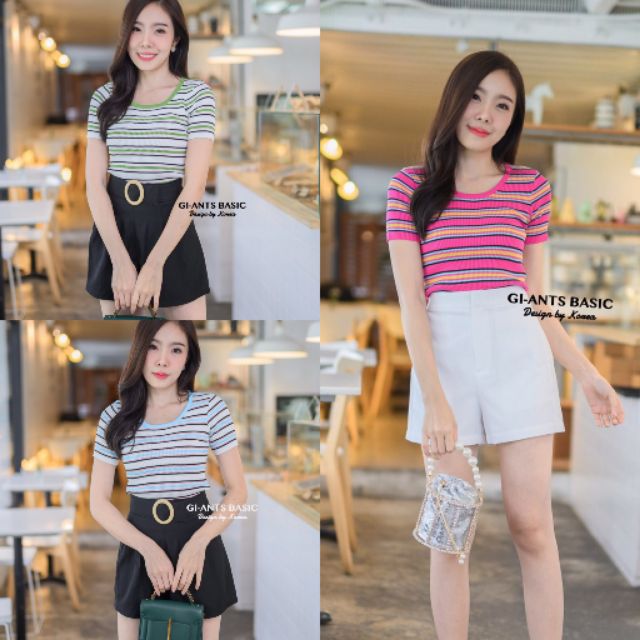 GI-ANTS  เสื้อคอกลมริ้วเรนโบว์ เนื้อผ้าไหมพรมเกาหลี แขนสั้น G42