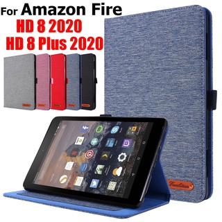 Amazon Fire HD 8 2020 / HD8 Plus 2020 10th Gen เคสแท็บเล็ตพลิกได้ฝ้า Denim สไตล์ปกหนังช่องใส่การ์ดแฟชั่นคลาสสิก