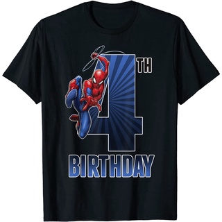 เสื้อยืดลำลอง Marvel Spider-Man Swinging 4th Birthday Graphic T-Shirt Avengers Team