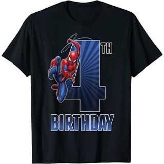 เสื้อยืดลำลอง Marvel Spider-Man Swinging 4th Birthday Graphic T-Shirt Avengers Team