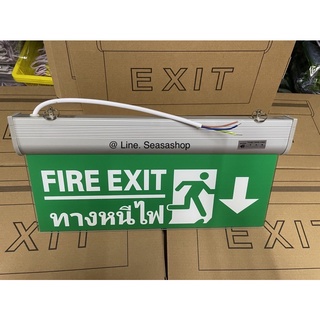 FIRE EXIT  ทางหนีไฟ ลูกศรชี้ไปข้างล่าง ป้ายทางหนีไฟ