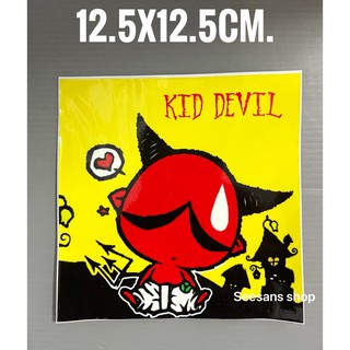 สติกเกอร์สูญกาศ ติดแผ่นป้ายภาษี พรบ. รถยนต์ ลาย#kid devil พื้นสีเหลือง