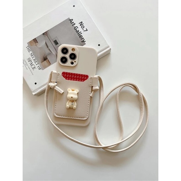 🌷꒱เคสไอโฟน13 เคสโทรศัพท์ลายการ์ตูนหมี ช่องใส่การ์ด พร้อมสายคล้องคอTPU เคสไอโฟน 12 12Pro max 11 13 Pr