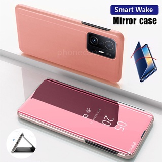 เคสโทรศัพท์กันกระแทก  Xiaomi 11 Lite 5G NE 11T Pro 11TPro 11lite 4G 11i Leather Phone Case Smart Mirror Flip Leather Case Clear View Casing Hard Bracket Protection back Cover