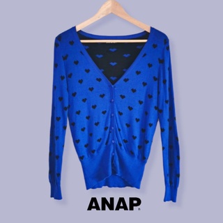 [มือสอง] ANAP🇯🇵 เสื้อคาร์ดิแกน​ สีน้ำเงินลายหัวใจ​ สดใสสไตล​์​ Y2K​ ผ้านุ่ม​มาก☁️